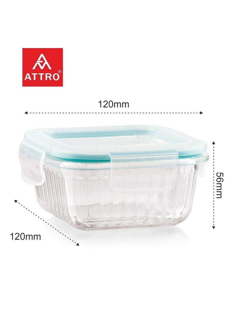 ATTRO Glassox Borosilicate Classic Lid Striped Finish Container with Airtight Snap | 310 ml | 10.5 fl oz | 2-Piece Set | BPA Free | Leak Proof - Indya