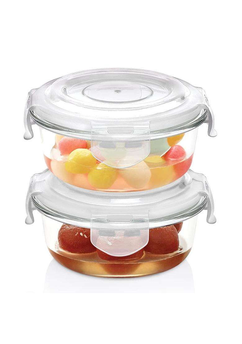 Borosil Klip N Store Glass Storage Containers for Kitchen with Air-Tight Lids | 400 ml | 13.5 fl oz | 2-Piece Set | Microwave Safe - Indya