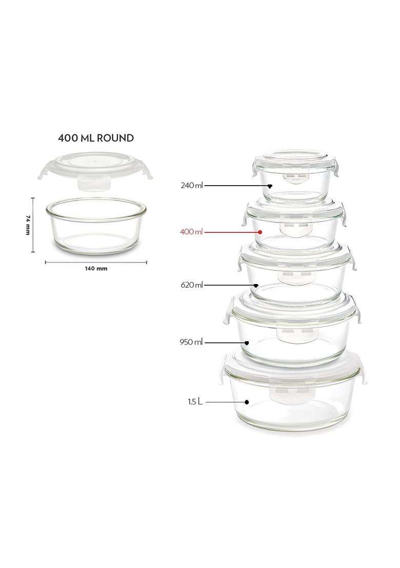 Borosil Klip N Store Glass Storage Containers for Kitchen with Air-Tight Lids | 400 ml | 13.5 fl oz | 2-Piece Set | Microwave Safe - Indya