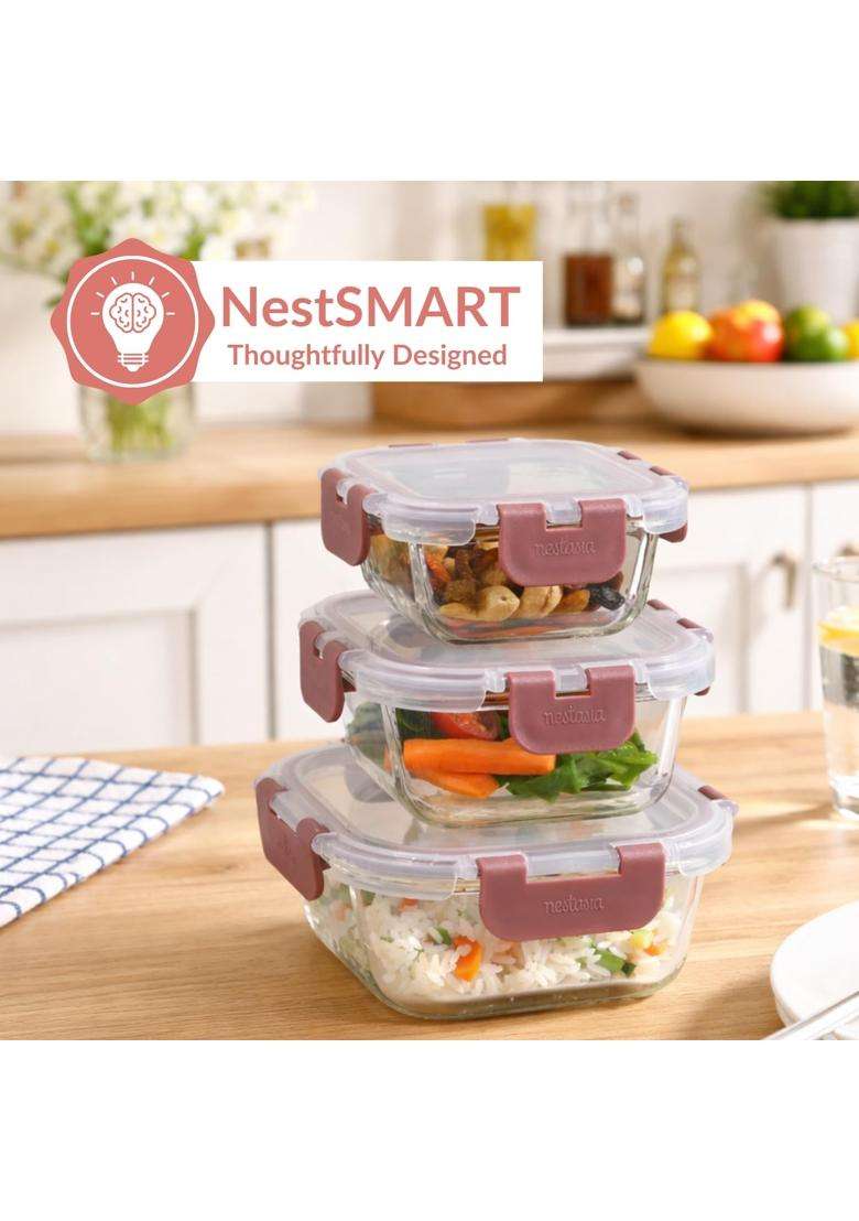 Nestasia Nestro Airtight Glass Containers with Lid | 160 ml | 5.4 fl oz | 3-Piece Set | Dishwasher Safe | Microwave Safe - Indya