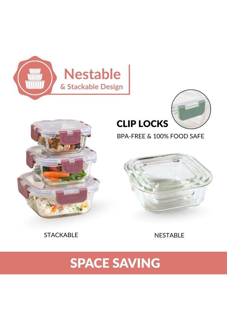 Nestasia Nestro Airtight Glass Containers with Lid | 160 ml | 5.4 fl oz | 3-Piece Set | Dishwasher Safe | Microwave Safe - Indya