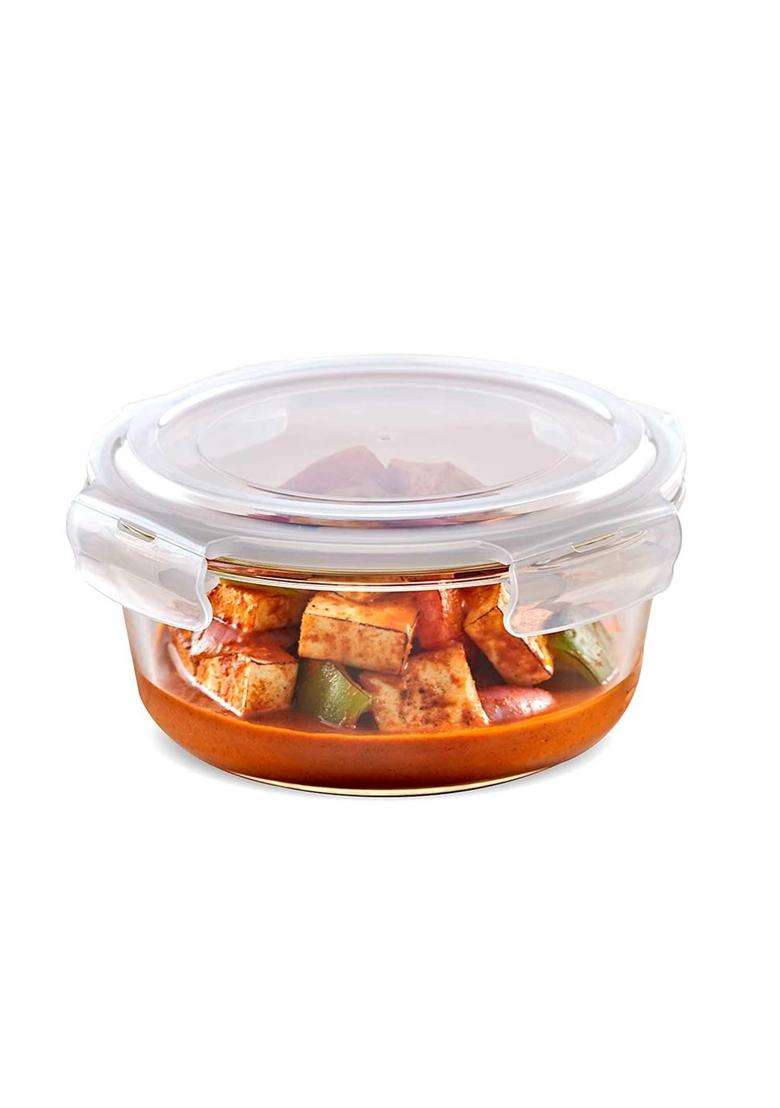 Borosil Klip N Store Round Glass Food Storage Container with Air Tight Lid | 400 ml | 13.5 fl oz | Dishwasher Safe | Microwave Safe - Indya