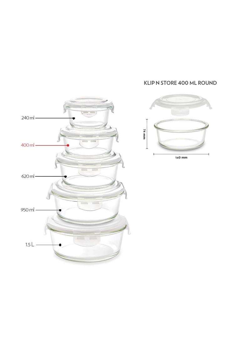 Borosil Klip N Store Round Glass Food Storage Container with Air Tight Lid | 400 ml | 13.5 fl oz | Dishwasher Safe | Microwave Safe - Indya