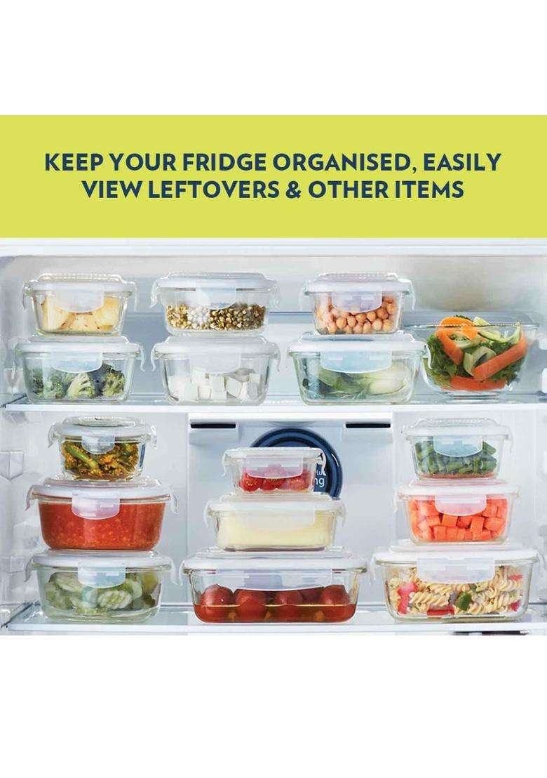 Borosil Klip N Store Round Glass Food Storage Container with Air Tight Lid | 400 ml | 13.5 fl oz | Dishwasher Safe | Microwave Safe - Indya