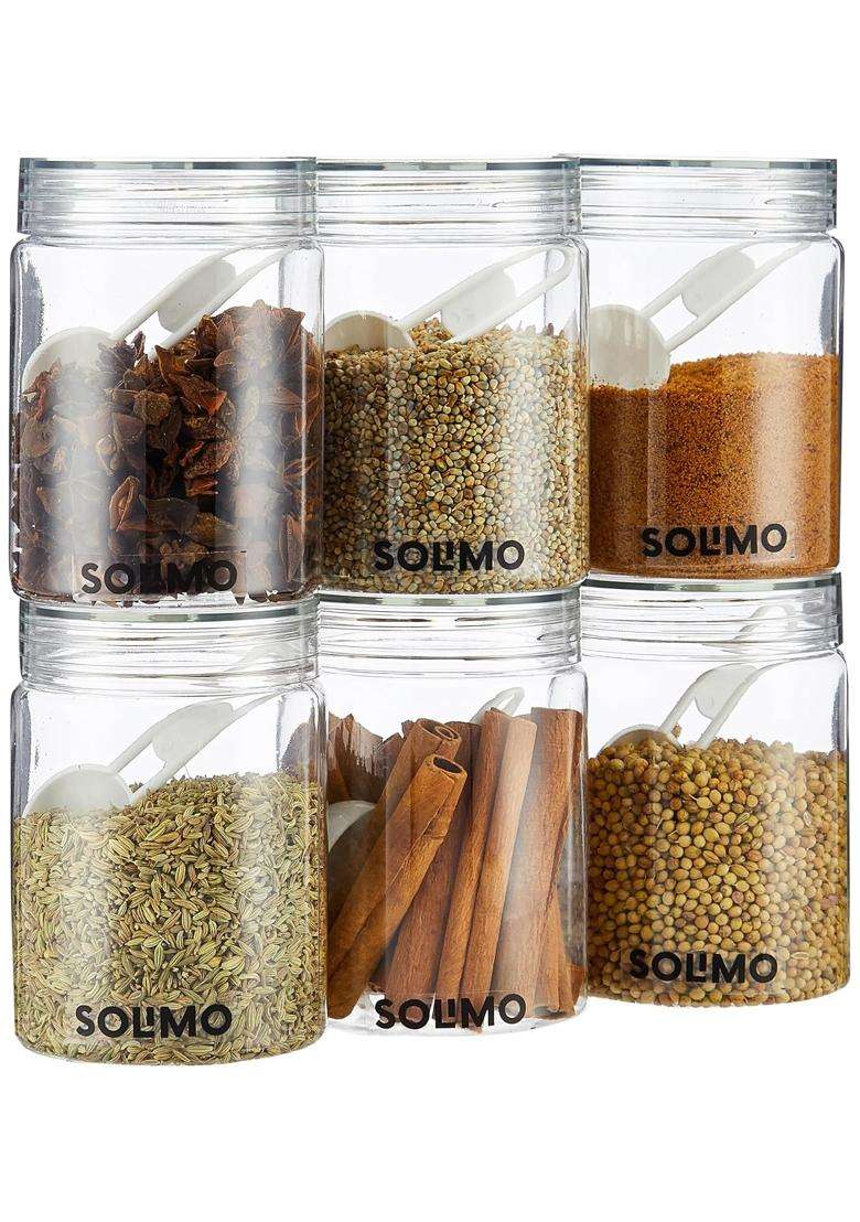 Solimo Amazon Brand Solimo Plastic Storage Jar and Containers Set with Spoon | 500 ml | 16.9 fl oz | BPA Free - Indya