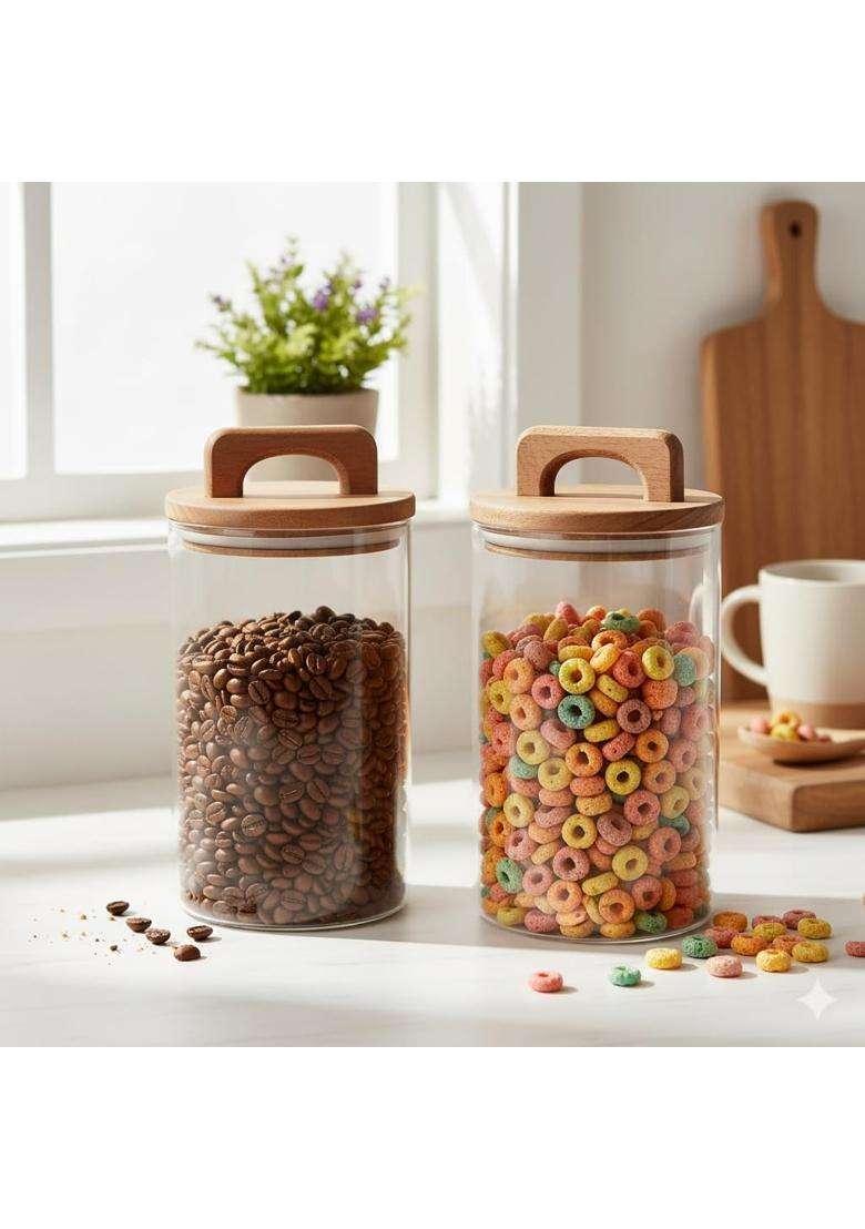 The Better Home Glass Jars with Wooden Lid | 1000 ml | 33.8 fl oz | 2-Piece Set - Indya
