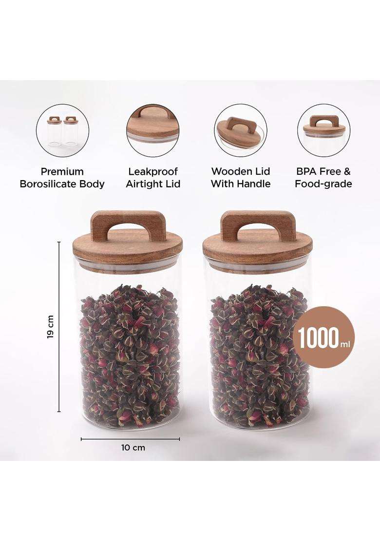 The Better Home Glass Jars with Wooden Lid | 1000 ml | 33.8 fl oz | 2-Piece Set - Indya