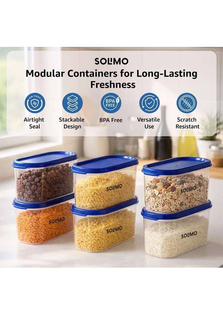 Solimo Amazon Brand Solimo Modular Plastic Storage Container with Airtight Lid | 1.2 L | 1.3 Qt | 6-Piece Set | Dishwasher Safe | BPA Free - Indya