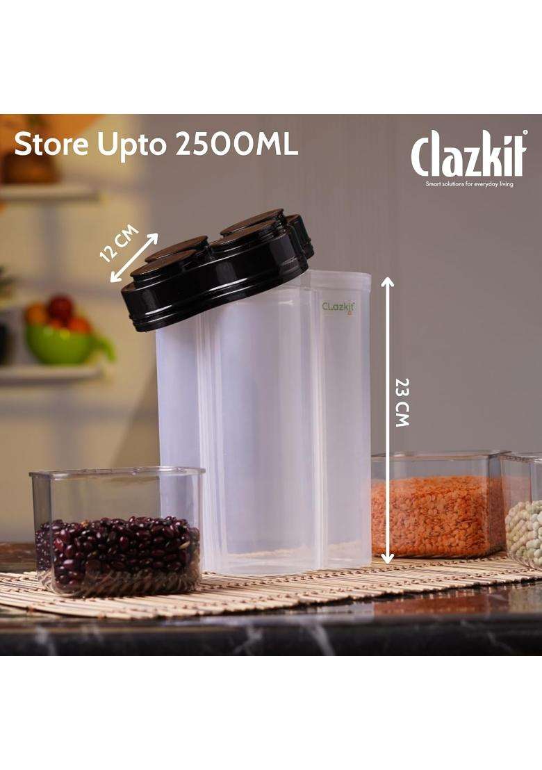 Clazkit Airtight Transparent Plastic Lock Food Storage 4 Section Container Jar | 2500 ml | 84.5 fl oz - Indya