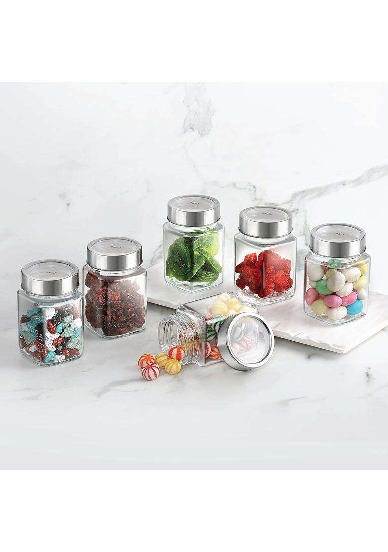 CELLO Qube Fresh Glass Storage Jar for Kitchen Pcs | 300 ml | 10.1 fl oz | 6-Piece Set | Lead Free - Indya