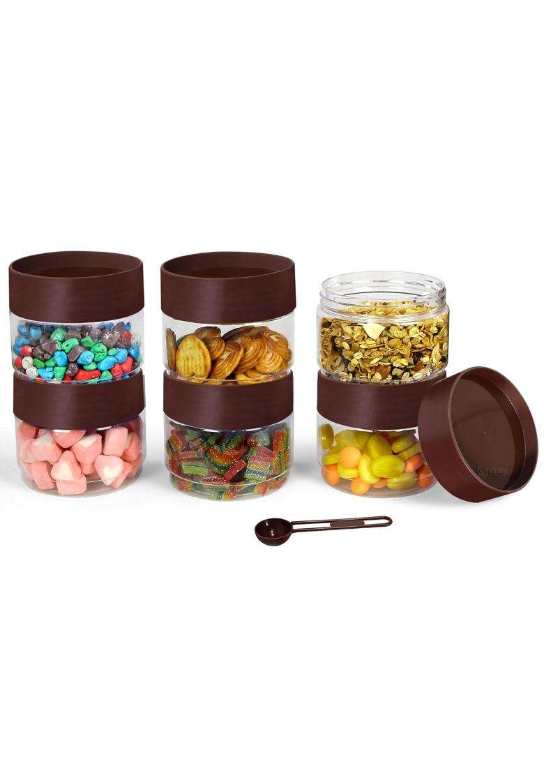 PEARLPET Modedge Plastic Jar Airtight Stackable Container for Kitchen Storage with Spoon | 500 ml | 16.9 fl oz | 6-Piece Set - Indya