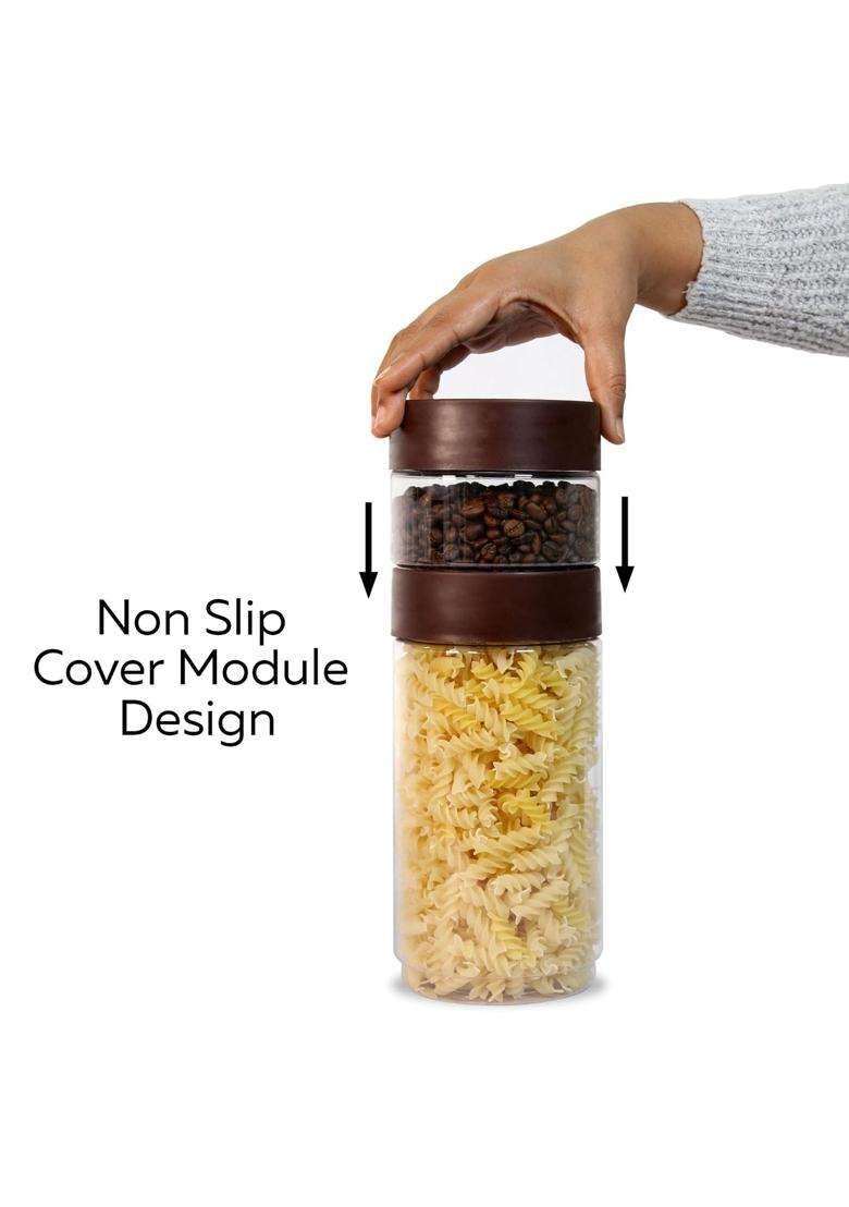 PEARLPET Modedge Plastic Jar Airtight Stackable Container for Kitchen Storage with Spoon | 500 ml | 16.9 fl oz | 6-Piece Set - Indya