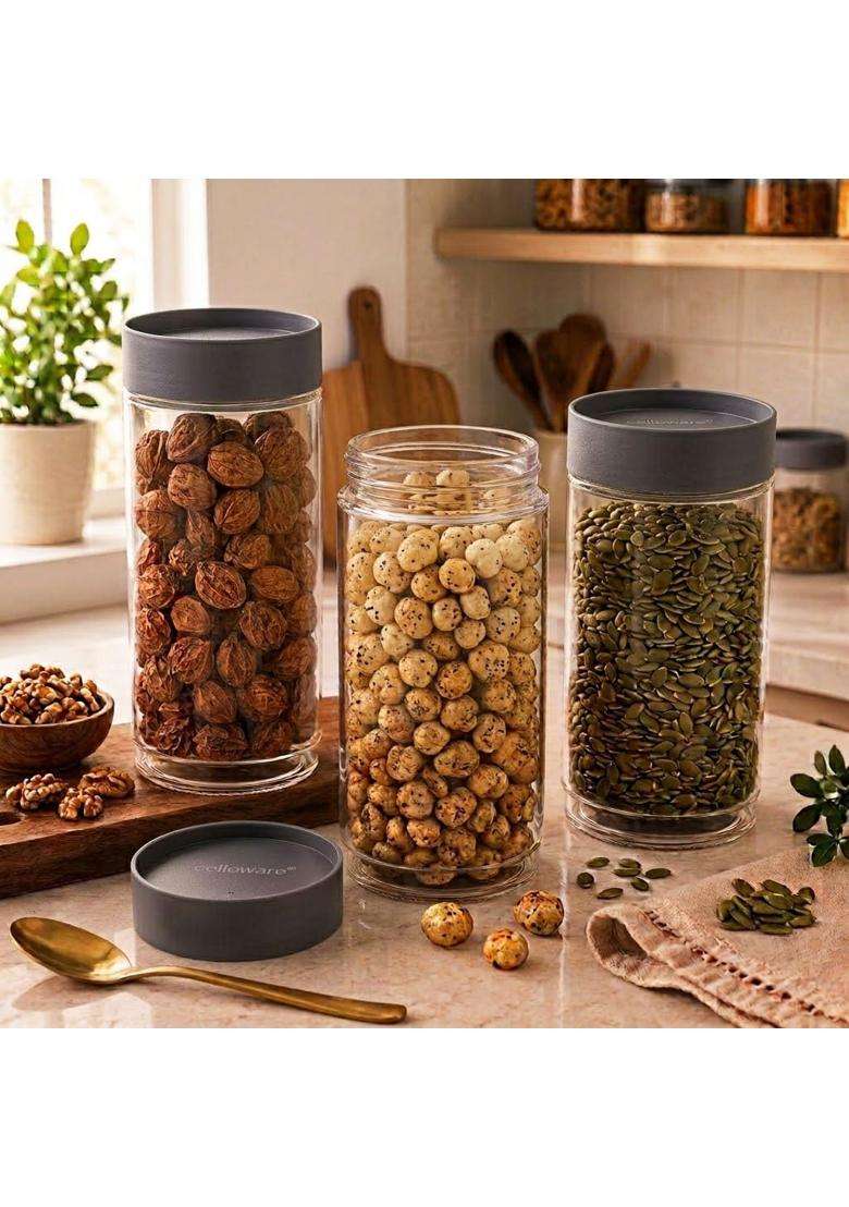 CELLO Modustack Glassy Storage Jars for Kitchen Pcs | 1000 ml | 33.8 fl oz | 3-Piece Set | Lead Free - Indya