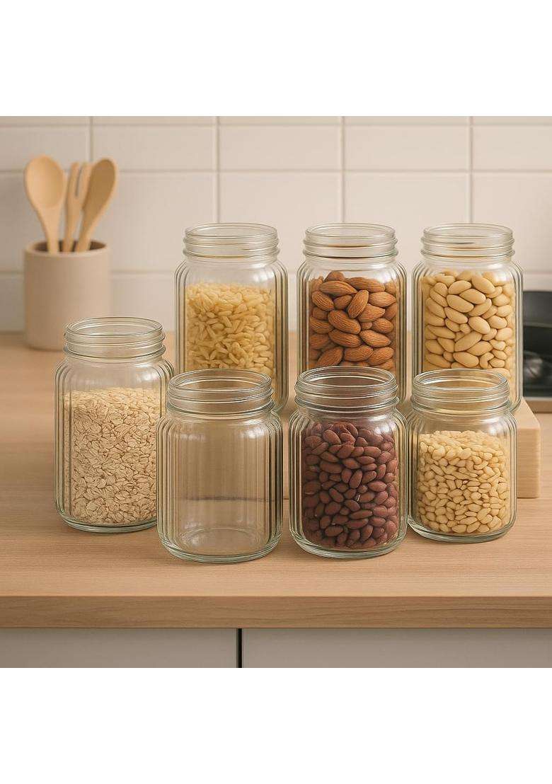 Pure Source India Premium Ribbed Glass Storage Jar with Airtight Lid | 500 ml | 16.9 fl oz | Pack of 8 - Indya