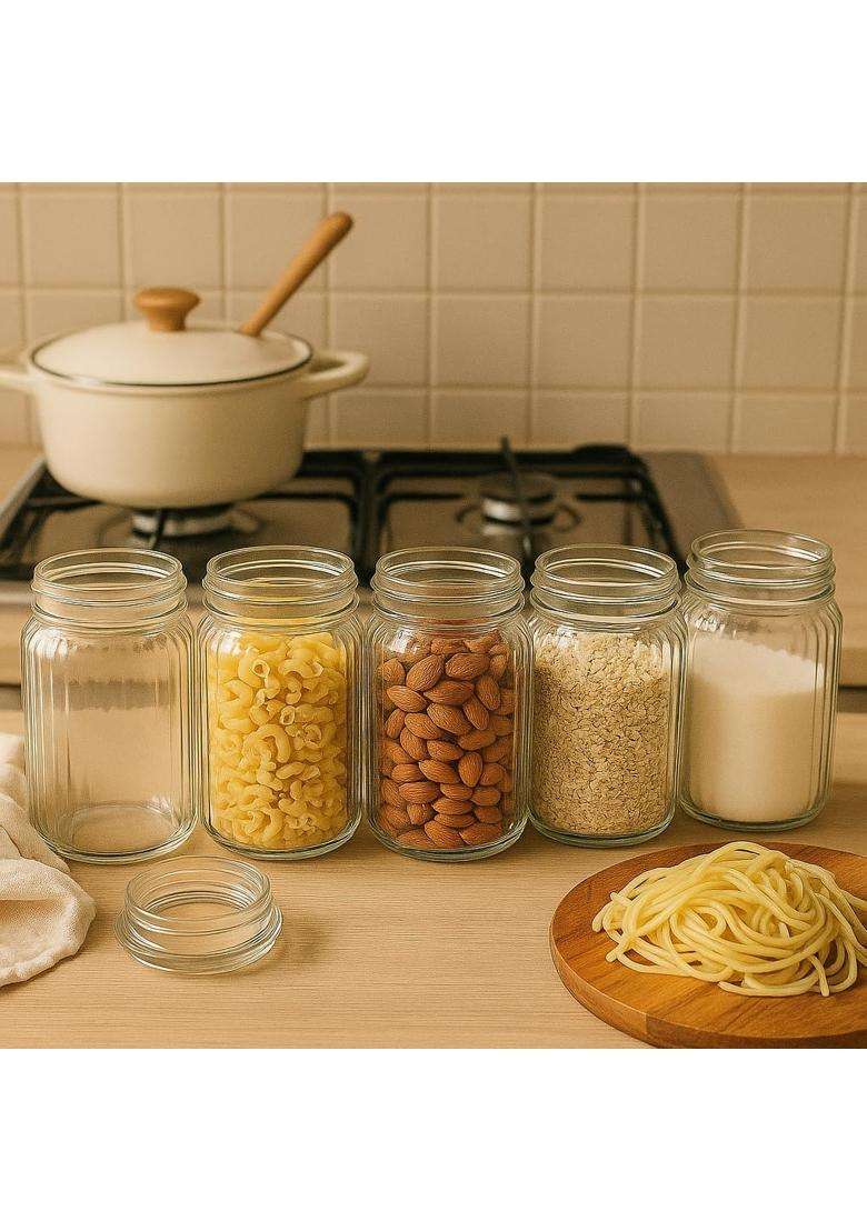 Pure Source India Premium Ribbed Glass Storage Jar with Airtight Lid | 500 ml | 16.9 fl oz | Pack of 8 - Indya