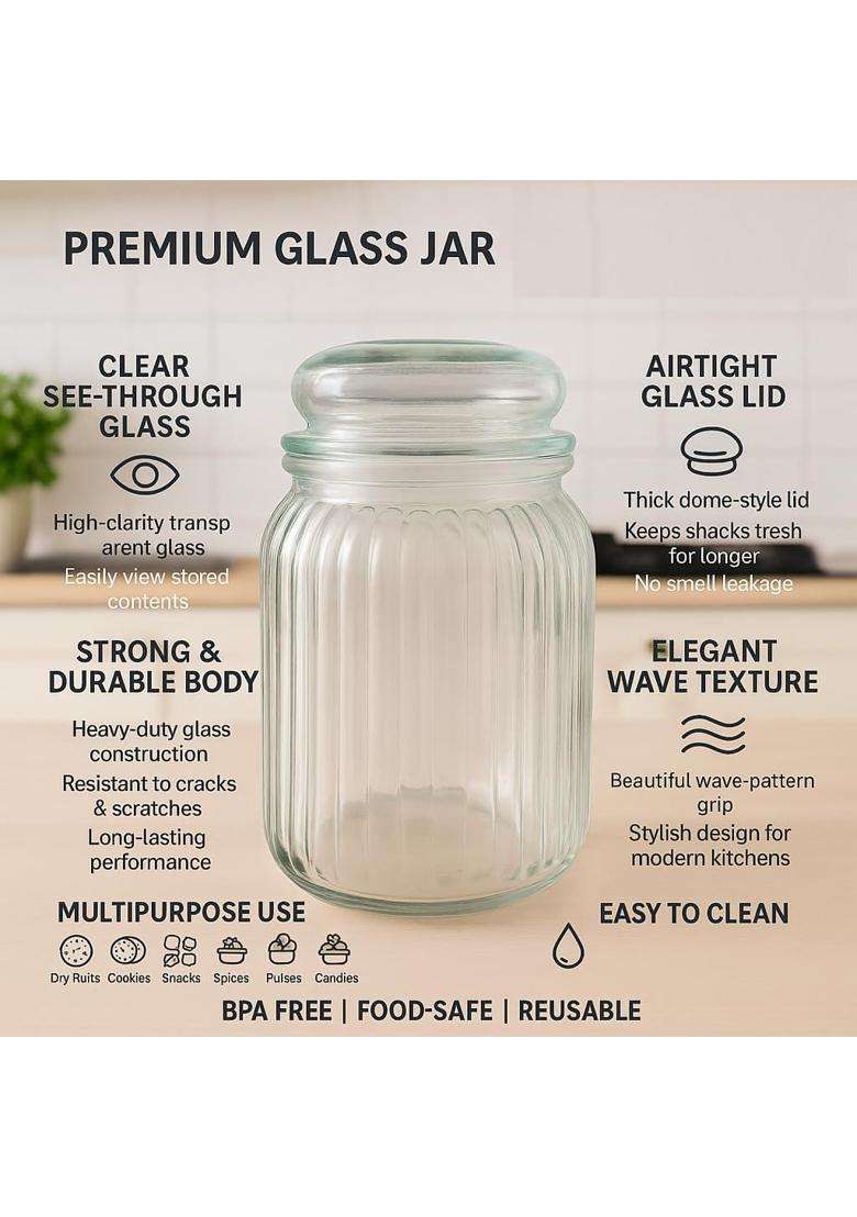 Pure Source India Premium Ribbed Glass Storage Jar with Airtight Lid | 500 ml | 16.9 fl oz | Pack of 8 - Indya