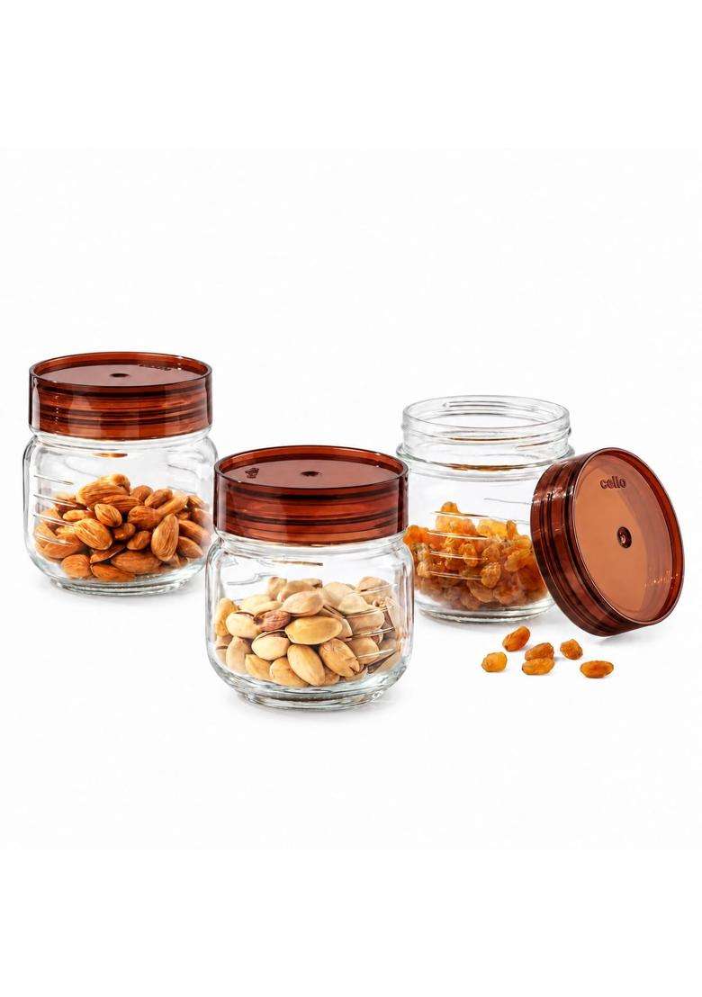 CELLO Grip N Store Glass Storage Jars for Kitchen Pcs Brown | 300 ml | 10.1 fl oz | 3-Piece Set | Lead Free - Indya