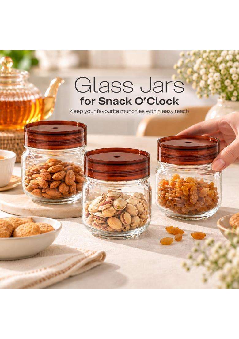CELLO Grip N Store Glass Storage Jars for Kitchen Pcs Brown | 300 ml | 10.1 fl oz | 3-Piece Set | Lead Free - Indya