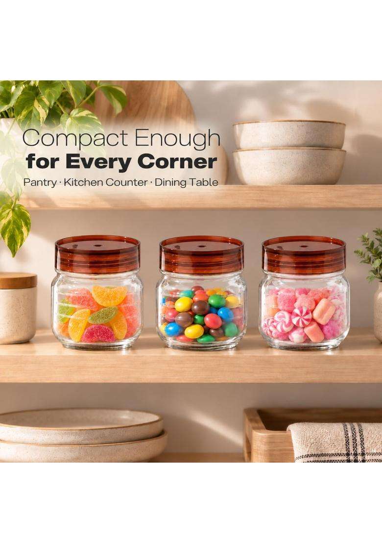 CELLO Grip N Store Glass Storage Jars for Kitchen Pcs Brown | 300 ml | 10.1 fl oz | 3-Piece Set | Lead Free - Indya