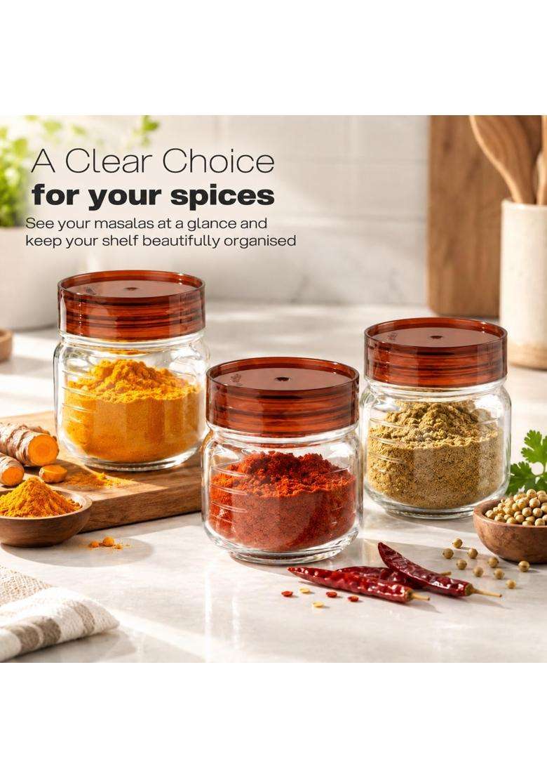 CELLO Grip N Store Glass Storage Jars for Kitchen Pcs Brown | 300 ml | 10.1 fl oz | 3-Piece Set | Lead Free - Indya
