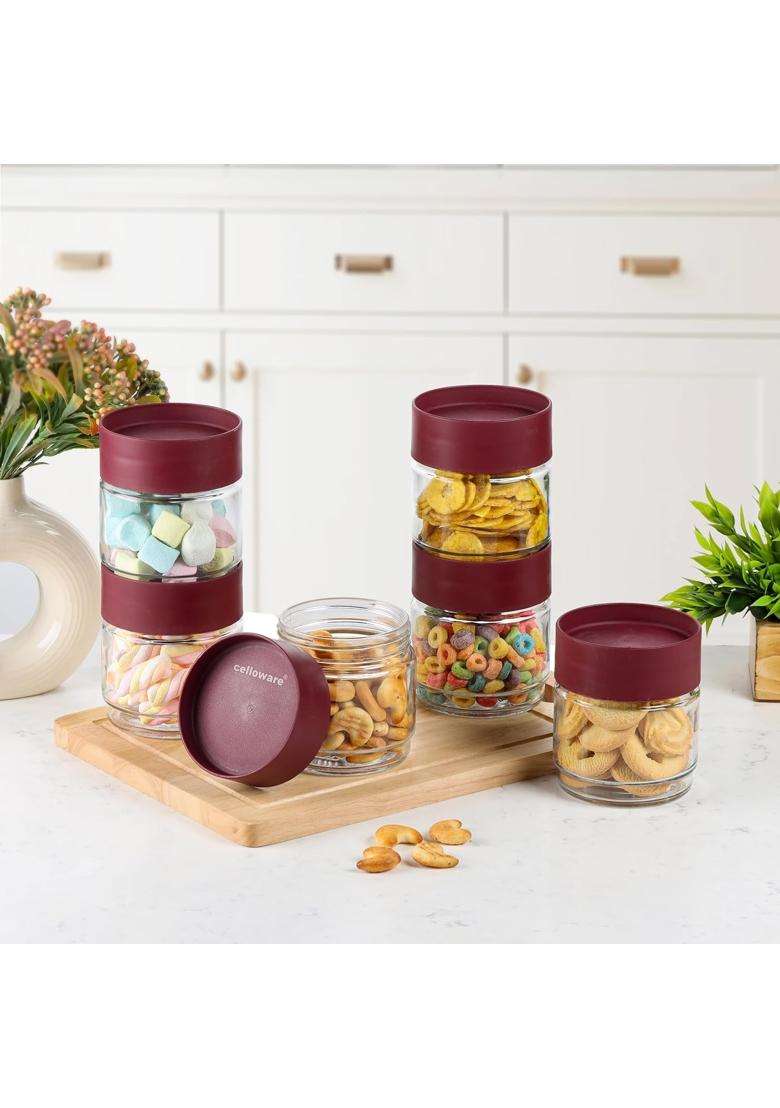 CELLO Modustack Glassy Storage Jars for Kitchen Pcs | 500 ml | 16.9 fl oz | 6-Piece Set | Lead Free - Indya