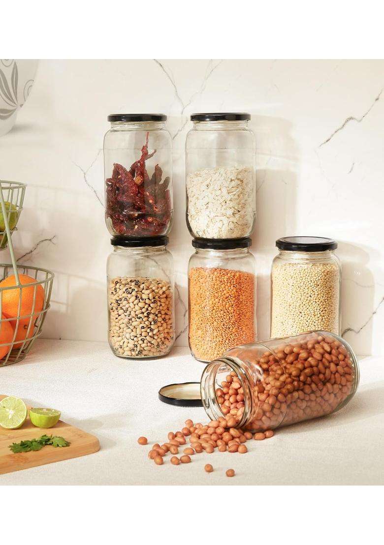Solimo Amazon Brand Solimo Glass Transparent Storage Jar for Pickles | 1000 ml | 33.8 fl oz | 6-Piece Set | BPA Free - Indya
