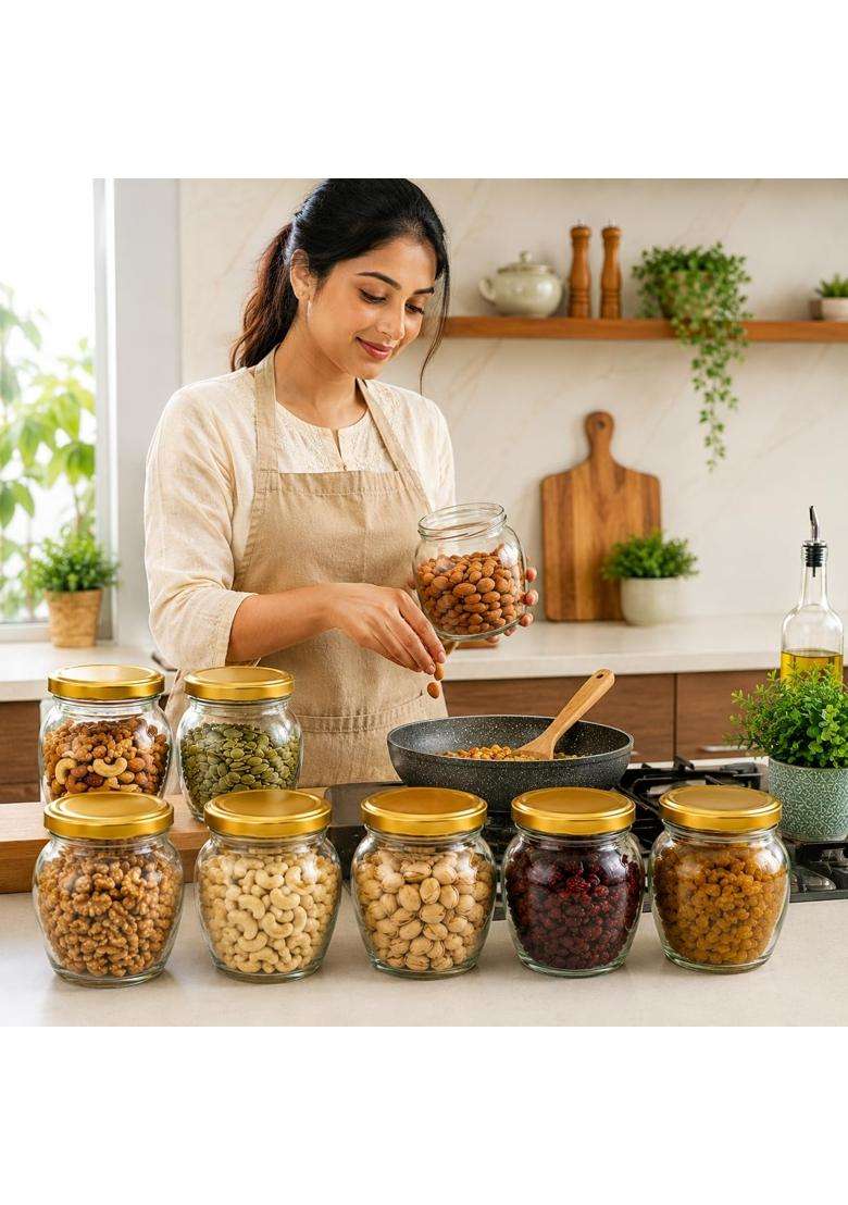 Pure Source India Glass Matka Clay Water Pot Jar with Gold Metal Lid | 400 ml | 13.5 fl oz | 6-Piece Set - Indya