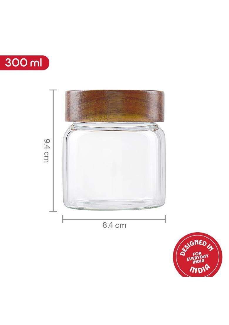 Borosil Glass Jar with Acacia Wood Lid | 300 ml | 10.1 fl oz - Indya