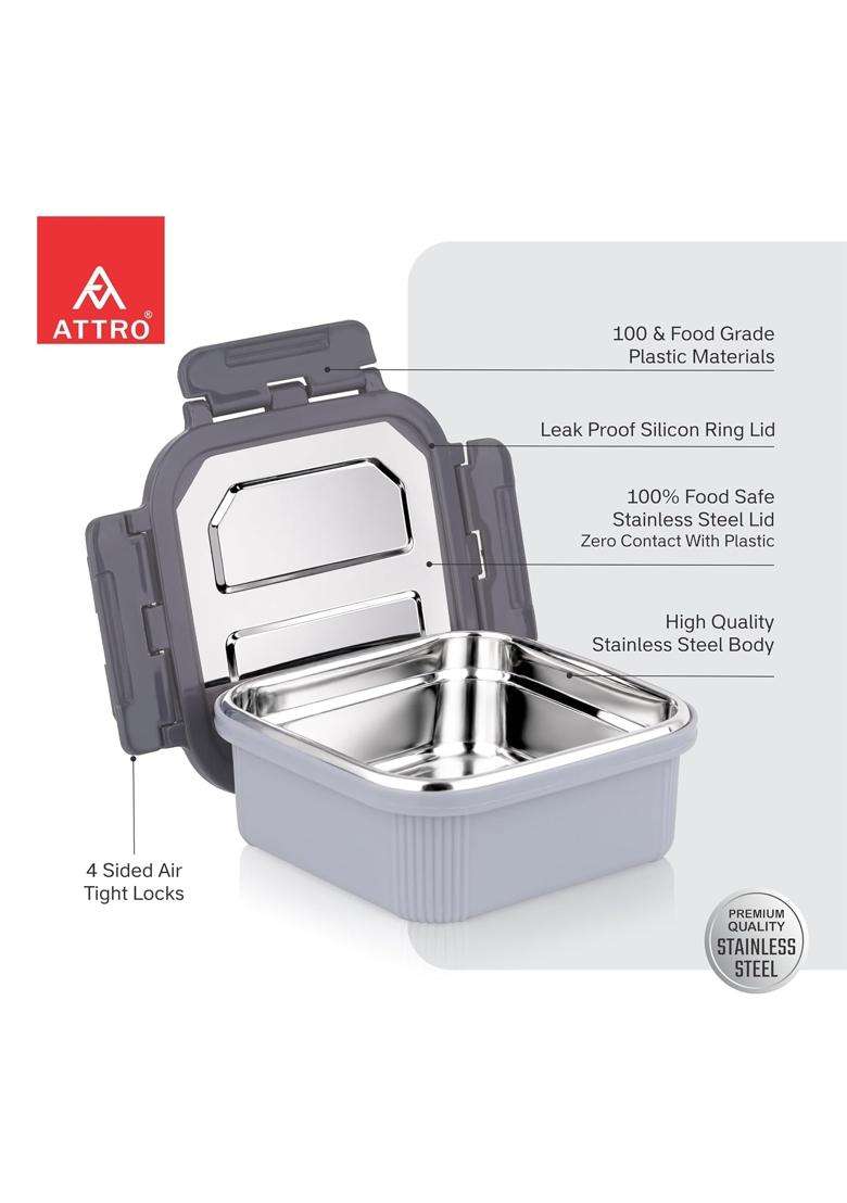 ATTRO Micro Square Stainless Steel Food Container | 400 ml | 13.5 fl oz - Indya