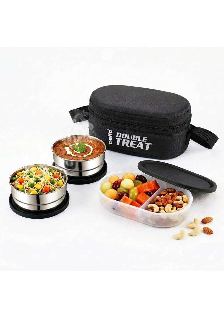 CELLO Double Treat Pcs Lunch Box for Office Use with Jacket Black | 300 ml | 10.1 fl oz | 3-Piece Set | Leak Proof - Indya