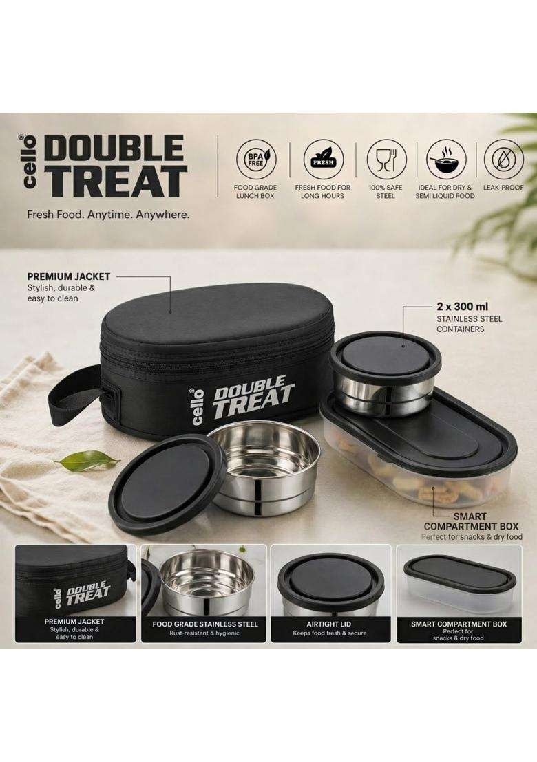 CELLO Double Treat Pcs Lunch Box for Office Use with Jacket Black | 300 ml | 10.1 fl oz | 3-Piece Set | Leak Proof - Indya
