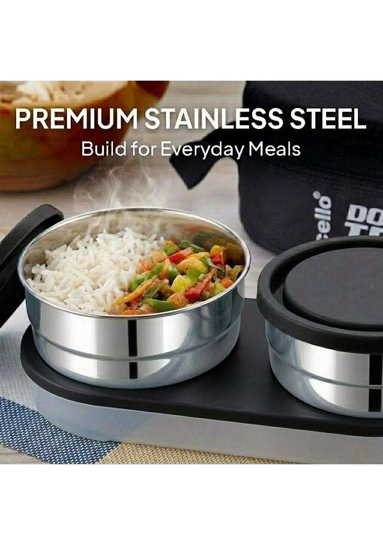 CELLO Double Treat Pcs Lunch Box for Office Use with Jacket Black | 300 ml | 10.1 fl oz | 3-Piece Set | Leak Proof - Indya