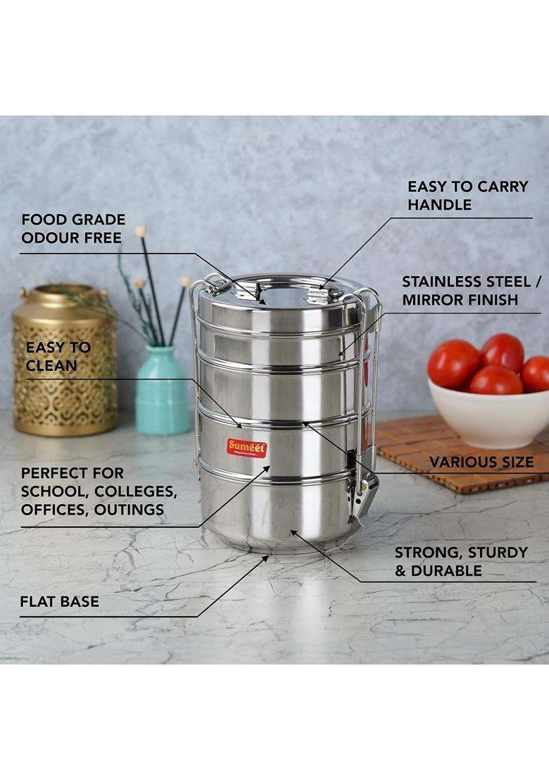 Sumeet Stainless Steel 4 Compartment Lunch Box | 2000 ml | 67.6 fl oz | 11.5 cm | 4.5 Inch - Indya