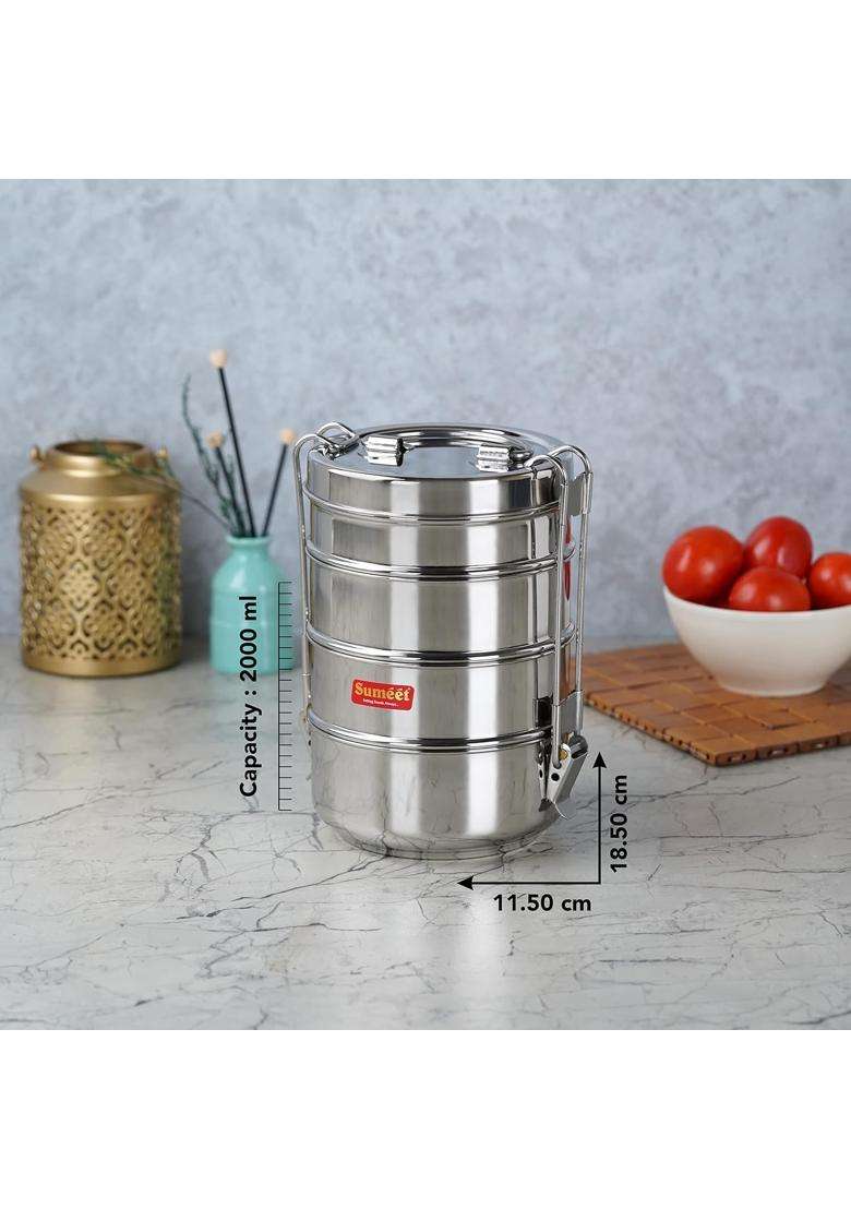 Sumeet Stainless Steel 4 Compartment Lunch Box | 2000 ml | 67.6 fl oz | 11.5 cm | 4.5 Inch - Indya