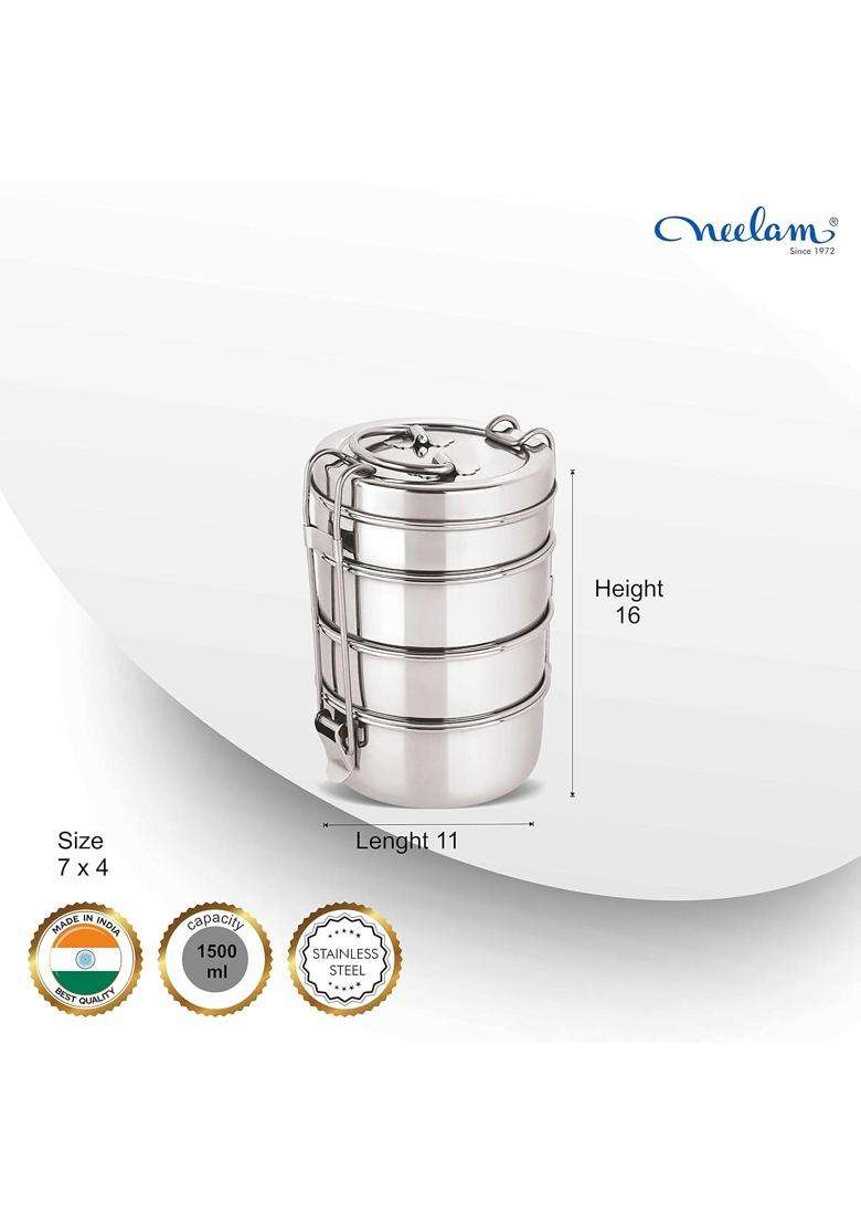 neelam Stainless Steel 26 Gauge Four Compartment Tiffin Lunch Box Box with Lid | 1500 ml | 50.7 fl oz - Indya