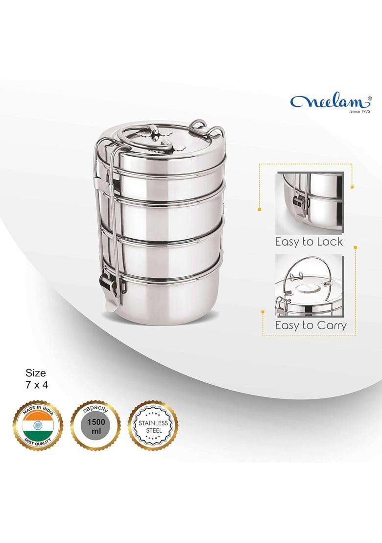 neelam Stainless Steel 26 Gauge Four Compartment Tiffin Lunch Box Box with Lid | 1500 ml | 50.7 fl oz - Indya