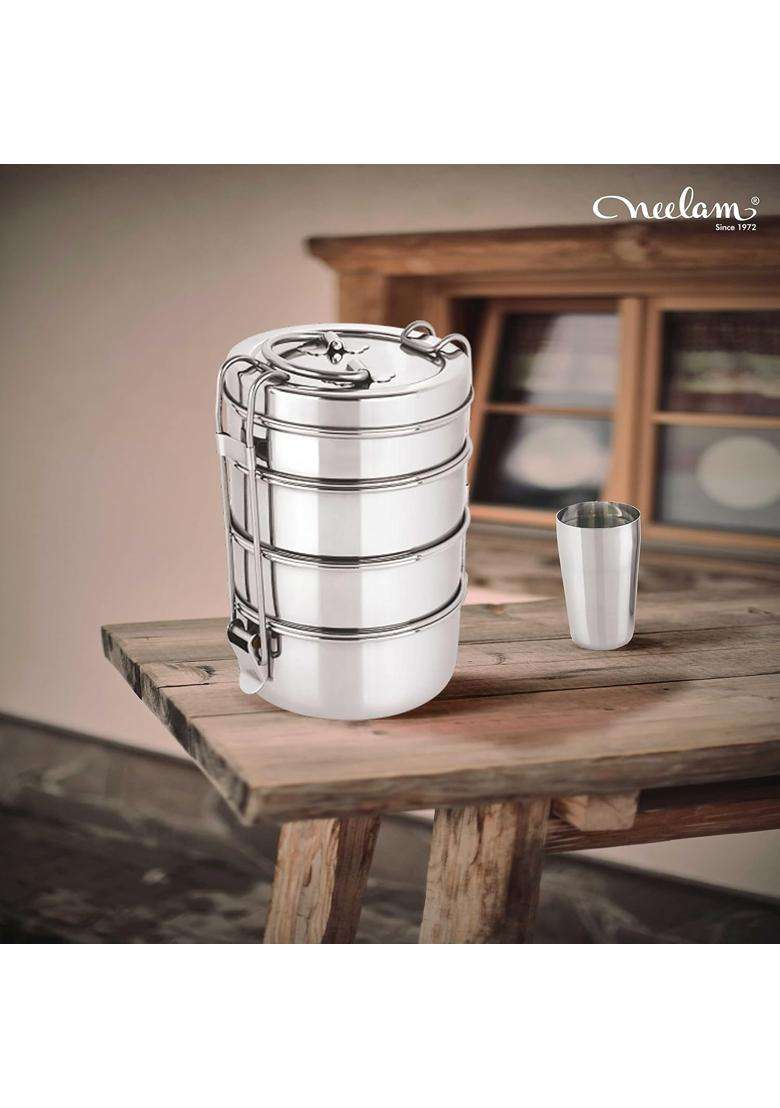 neelam Stainless Steel 26 Gauge Four Compartment Tiffin Lunch Box Box with Lid | 1500 ml | 50.7 fl oz - Indya
