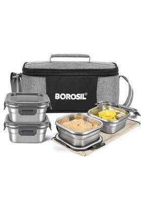 Borosil X Square Container Stainless Steel Lunch Box with Bag | 400 ml | 13.5 fl oz | Pack of 4