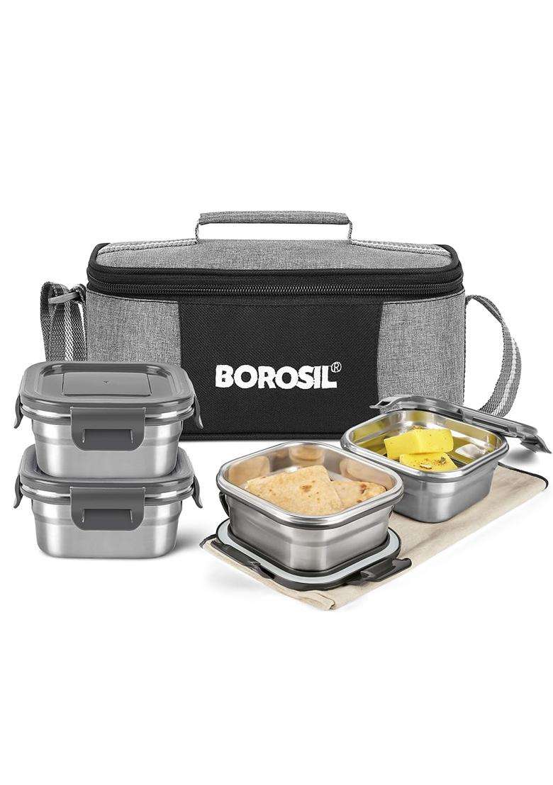 Borosil X Square Container Stainless Steel Lunch Box with Bag | 400 ml | 13.5 fl oz | Pack of 4 - Indya