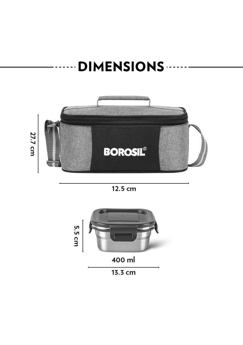 Borosil X Square Container Stainless Steel Lunch Box with Bag | 400 ml | 13.5 fl oz | Pack of 4 - Indya