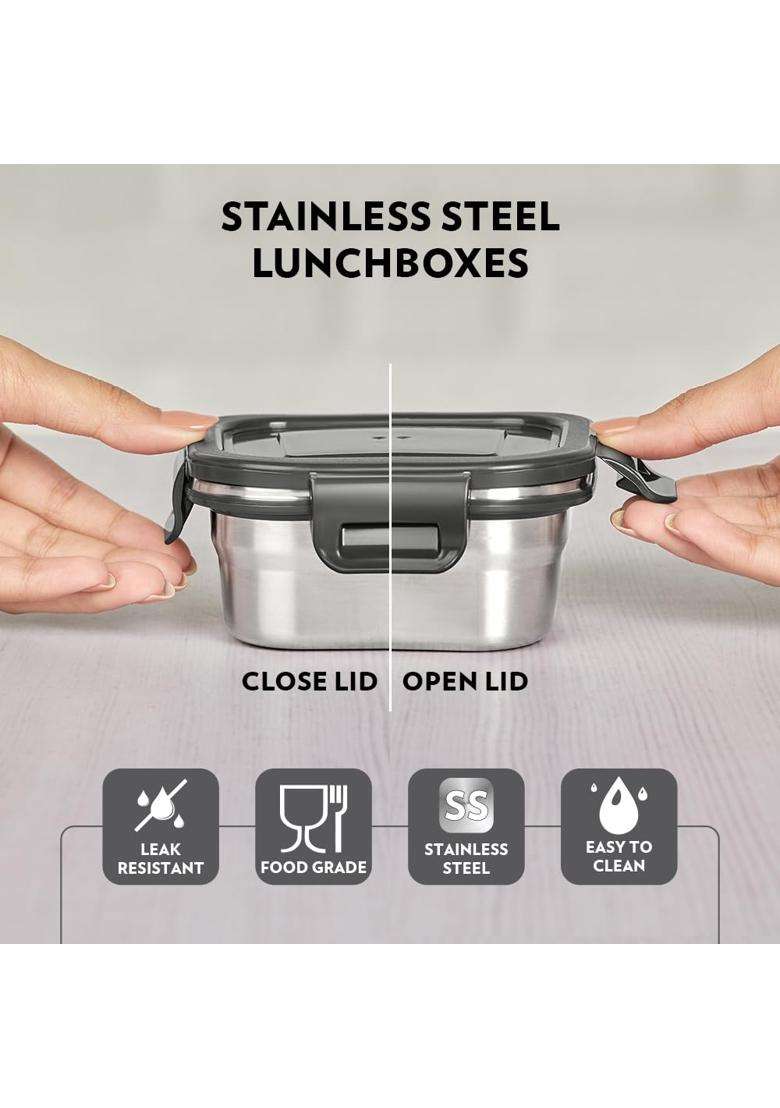 Borosil X Square Container Stainless Steel Lunch Box with Bag | 400 ml | 13.5 fl oz | Pack of 4 - Indya