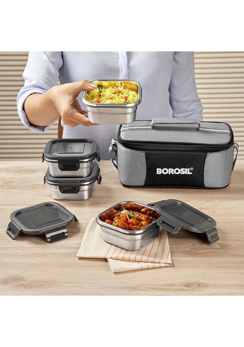Borosil X Square Container Stainless Steel Lunch Box with Bag | 400 ml | 13.5 fl oz | Pack of 4 - Indya