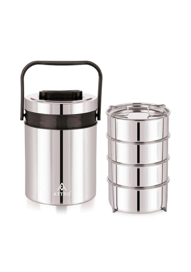 ATTRO Steel on 4 Insulated Tiffin Lunch Box Box 4 Stainless Steel Containers Easy Carry Handle | 1200 ml | 40.6 fl oz | BPA Free | Leak Proof - Indya