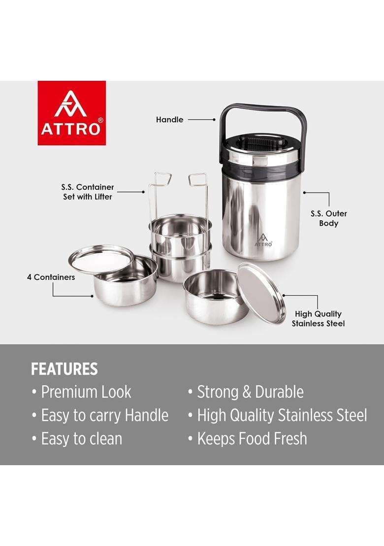 ATTRO Steel on 4 Insulated Tiffin Lunch Box Box 4 Stainless Steel Containers Easy Carry Handle | 1200 ml | 40.6 fl oz | BPA Free | Leak Proof - Indya