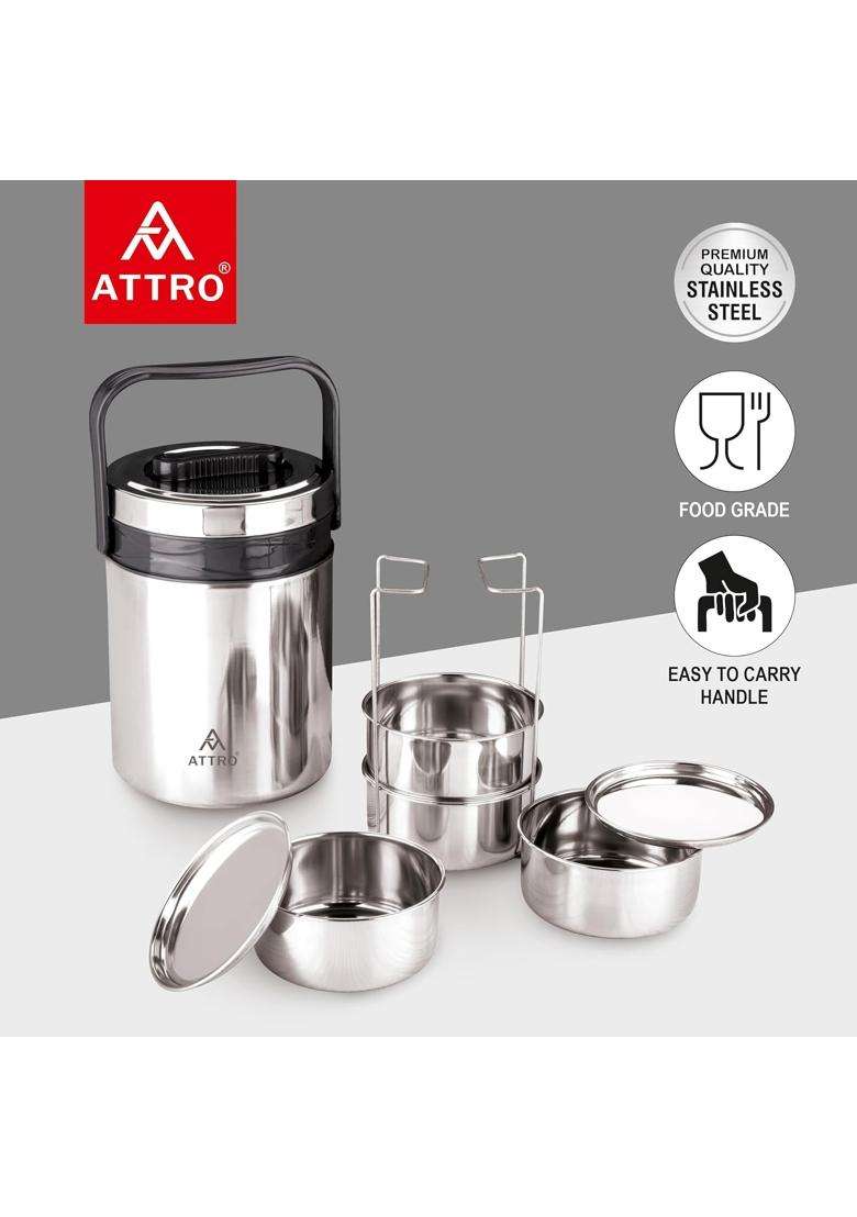 ATTRO Steel on 4 Insulated Tiffin Lunch Box Box 4 Stainless Steel Containers Easy Carry Handle | 1200 ml | 40.6 fl oz | BPA Free | Leak Proof - Indya