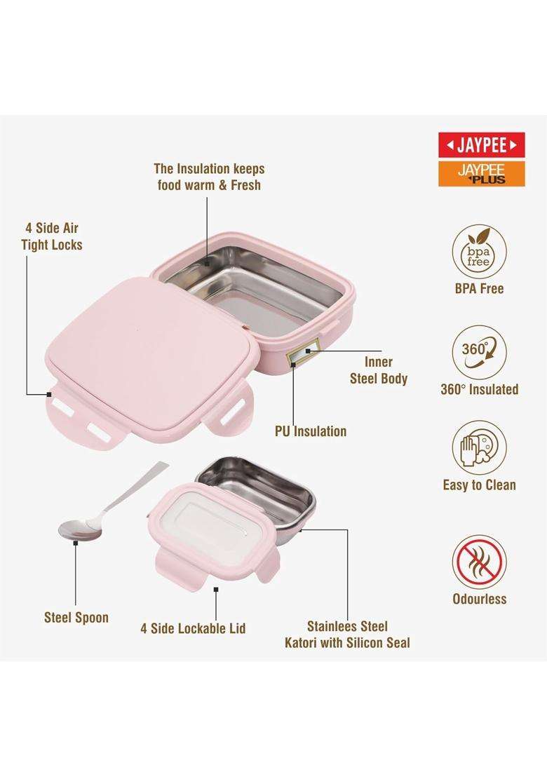 JAYPEE Inner Stainless Steel Insulated Lunch Box Wavesteel Jr. Pink | 500 ml | 16.9 fl oz | BPA Free | Food Safe - Indya