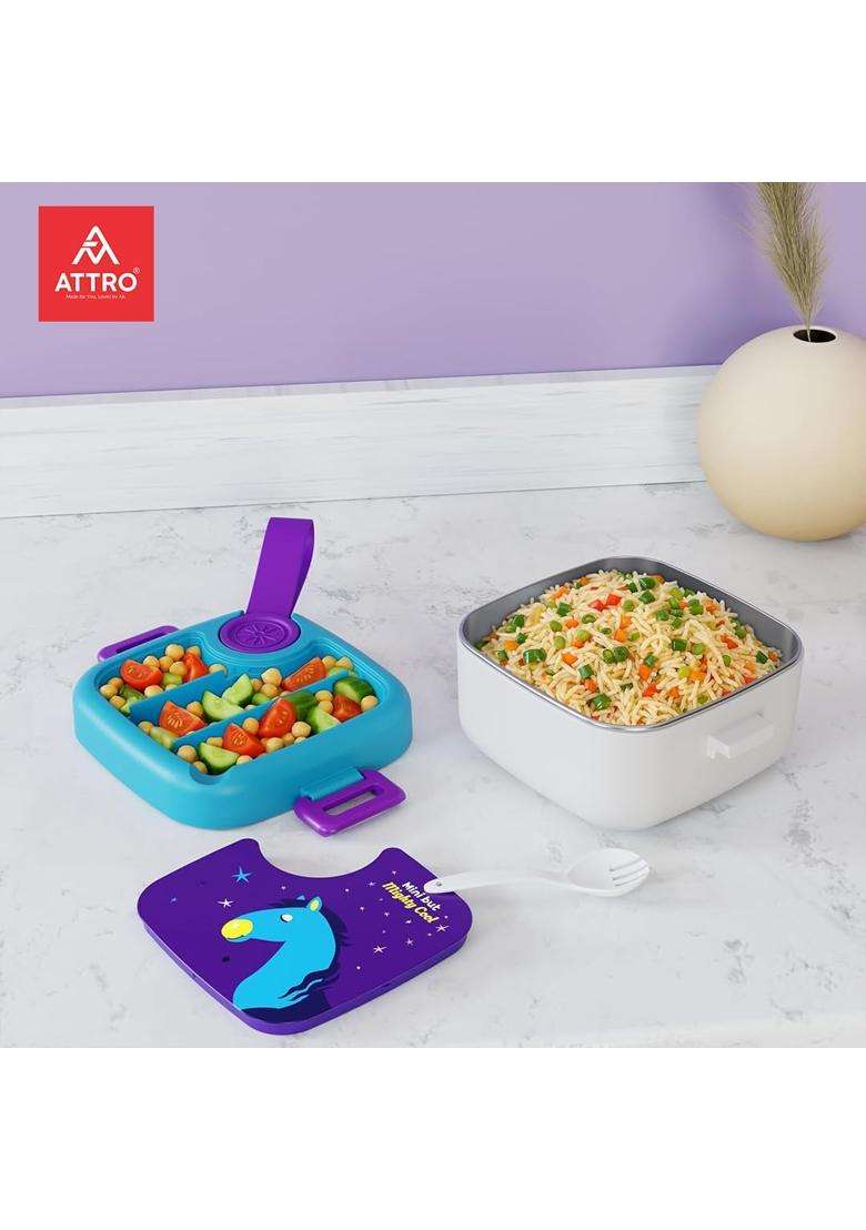 ATTRO KidsMate Horse Lunch Box Stainless Steel Comes with 1 Detachable Tray | 500 ml | 16.9 fl oz | Leak Proof - Indya
