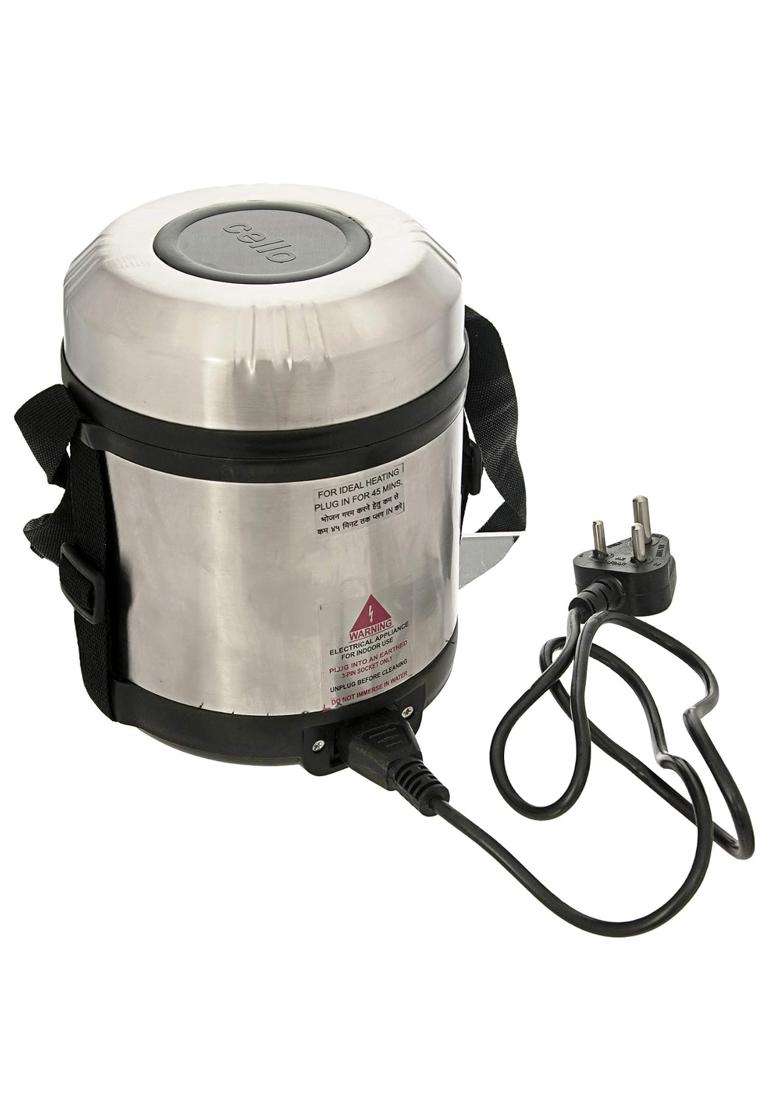 CELLO Electro 3 Tier Compartment Stainless Steel Electric Lunch Box for Office Use | Leak Proof - Indya