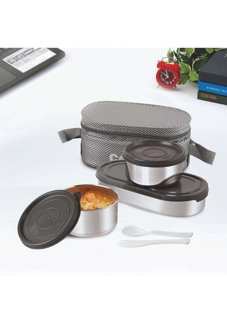 CELLO Bite Buddy Deluxe Pcs Stainless Steel Lunch Box with Bag for Daily Office Use | 300 ml | 10.1 fl oz | 3-Piece Set - Indya