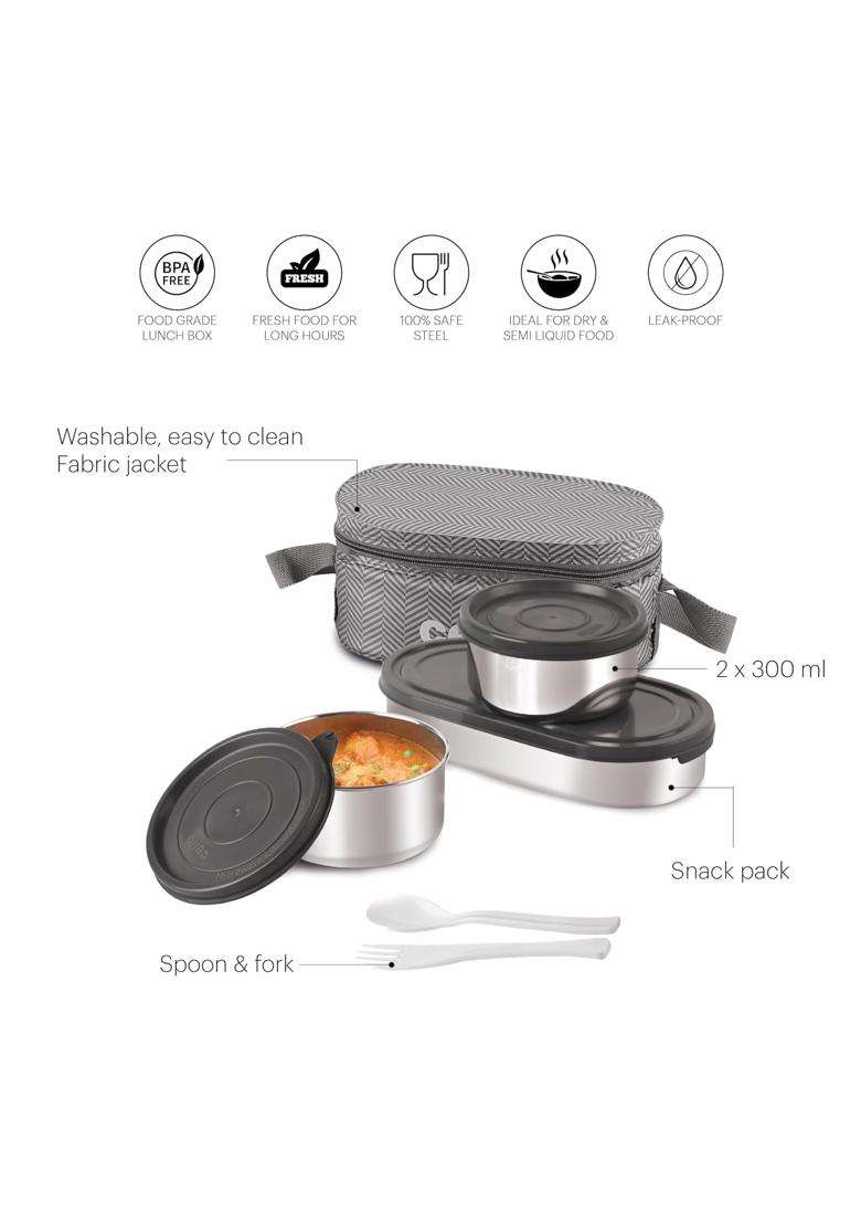 CELLO Bite Buddy Deluxe Pcs Stainless Steel Lunch Box with Bag for Daily Office Use | 300 ml | 10.1 fl oz | 3-Piece Set - Indya